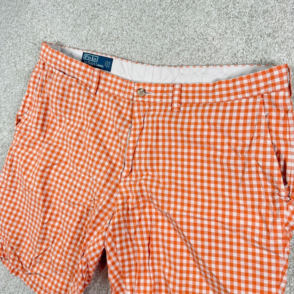 Polo Ralph Lauren Shorts Mens 38 Orange Gingham Plaid Flat Front Preppy Cotton
